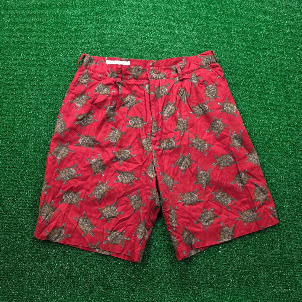 Vintage Perry Ellis All Over Turtle Print Pleated Shorts Mens 32 Red 100% Rayon